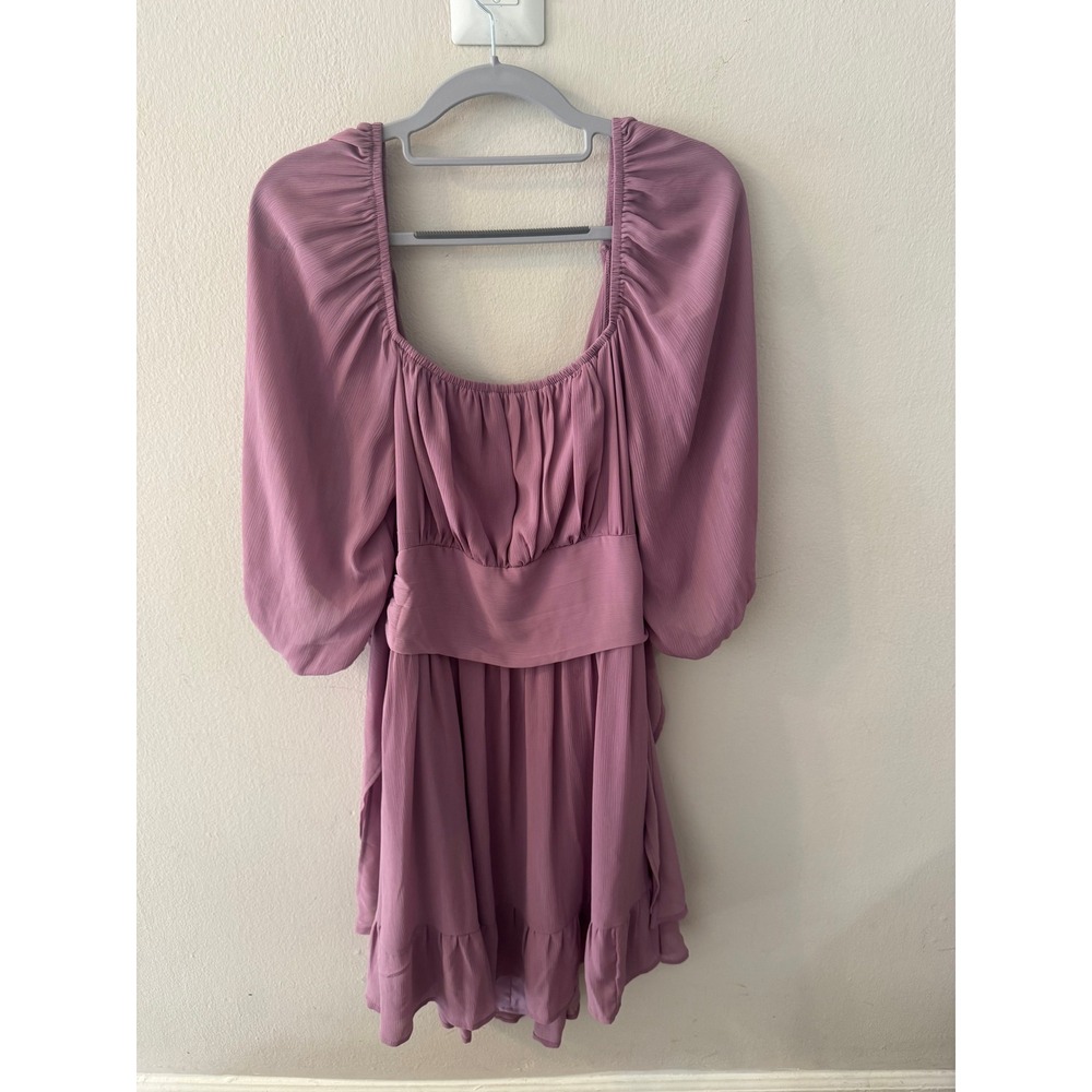 Mauve Off The Shoulder Puff Sleeve Mini Dress Tie Back Ruffle Hem Purple Large